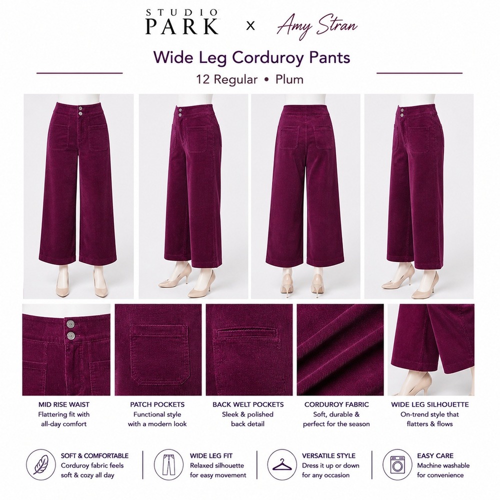 Studio Park x‎ Amy Stran Womens Wide Leg Corduroy Pants Plum Purple 12 Regular